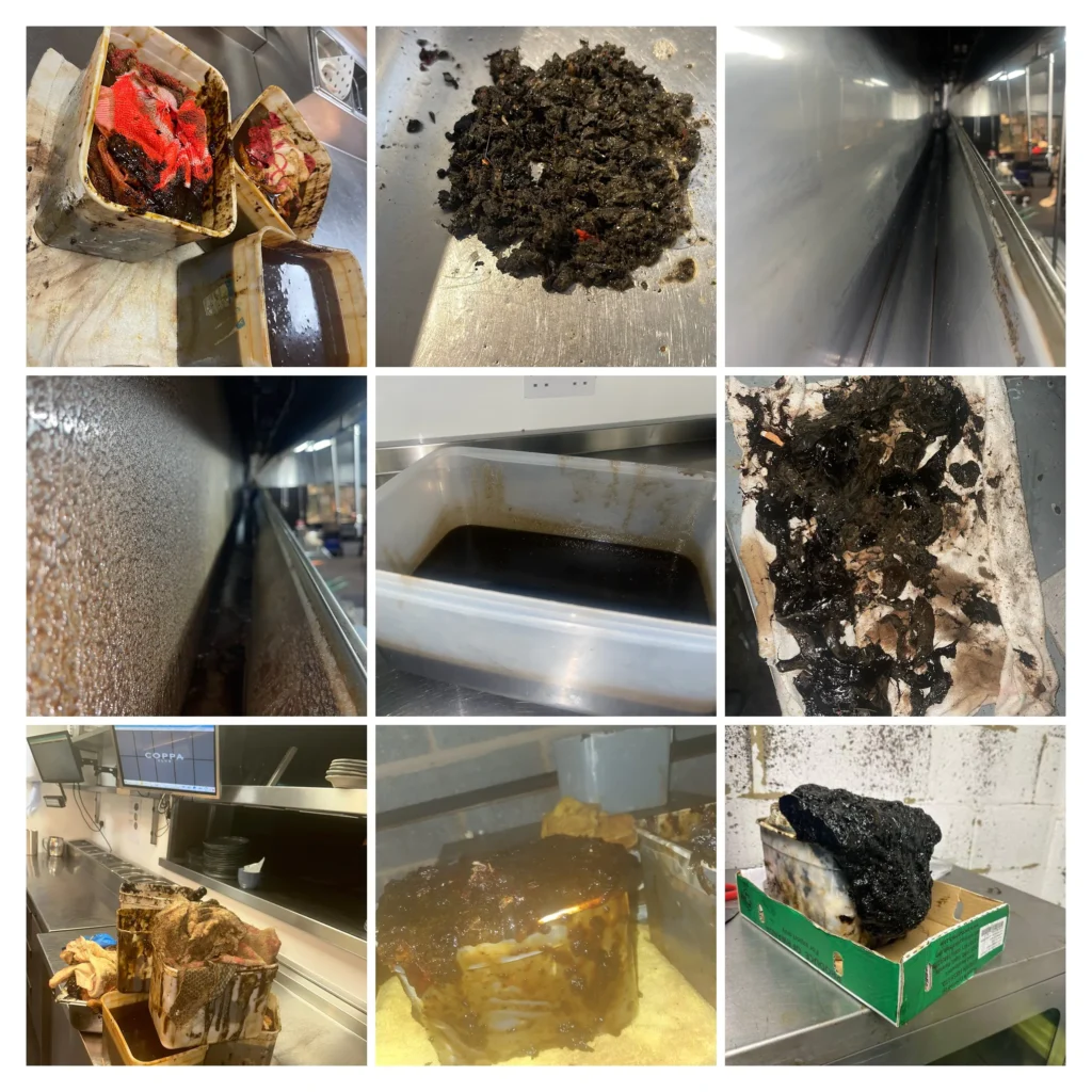 Photographs of canopy cleaning and grease removed by Duct Clean London